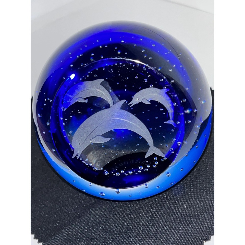 Caithness Scotland Dolphin Paperweight Etched Blue Art Glass Vintage Signed